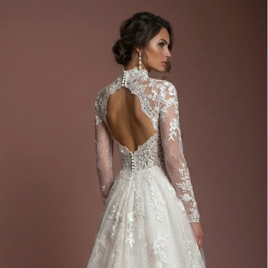 Long Sleeve Lace Wedding Dress Elegant A-Line Bridal Gown - Image 5