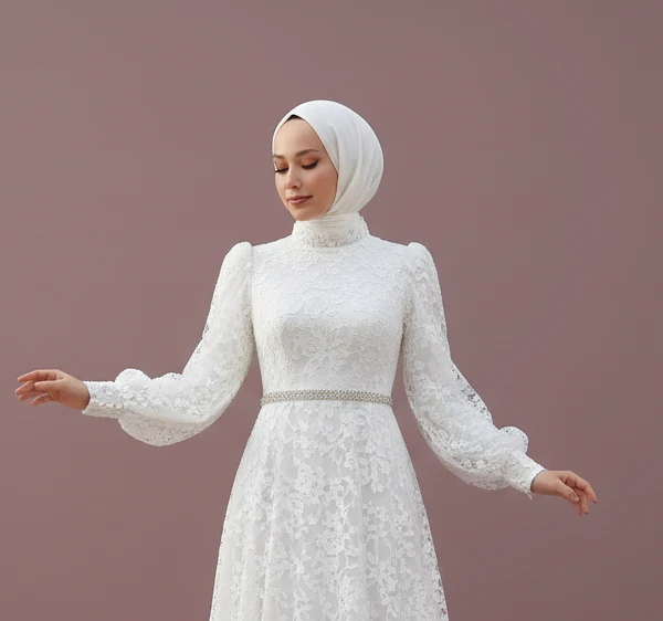 Retro Muslim Wedding Dress 1950s Style Modest High Neckline Lace - Image 3