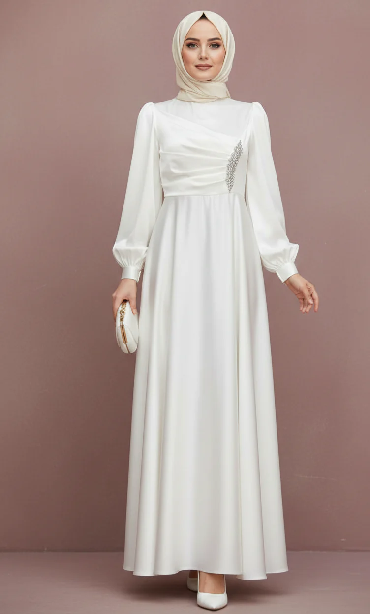 Modest Bridal Gown Simple Muslim Wedding Dress No Slit Long Sleeve