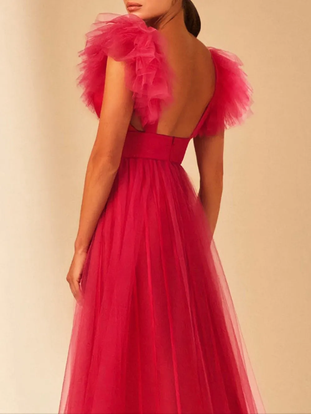 Simple Ruffles Tulle Prom Dresses Cap Sleeves V-neck Formal Prom Party Gowns Backless Long Women's Evening Dress - Image 2