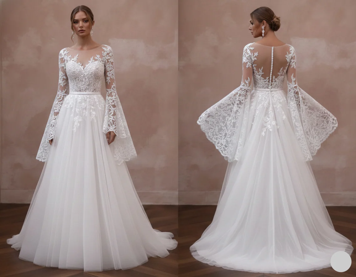 Flare Sleeve Wedding Dress 70s Boho Long Lace Bridal Wear