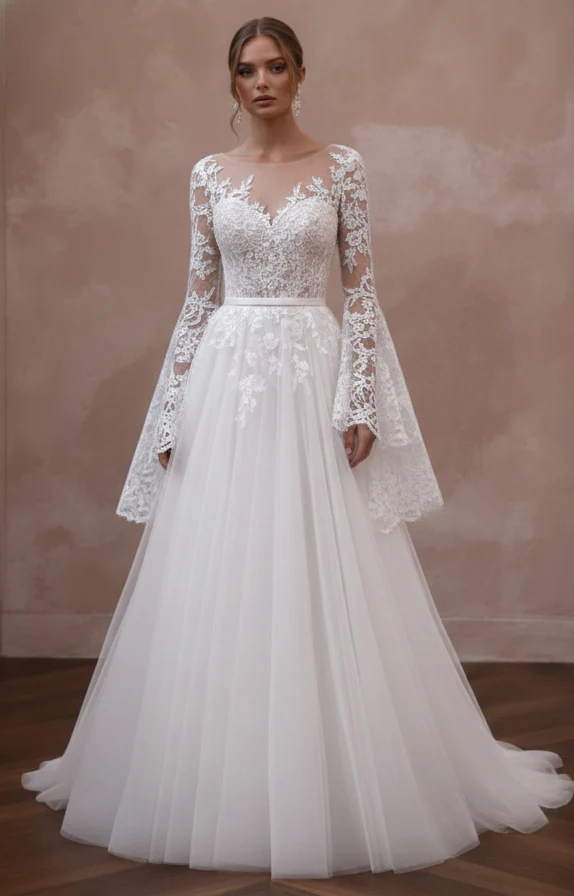 Flare Sleeve Wedding Dress 70s Boho Long Lace Bridal Wear - Image 2