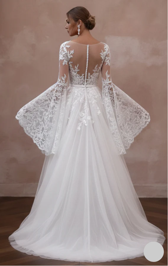 Flare Sleeve Wedding Dress 70s Boho Long Lace Bridal Wear - Image 3