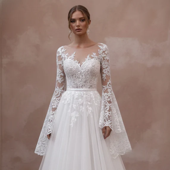 Flare Sleeve Wedding Dress 70s Boho Long Lace Bridal Wear - Image 4