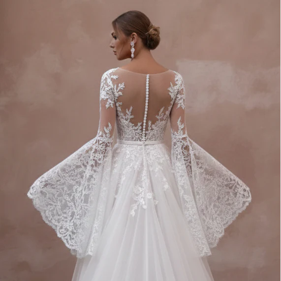 Flare Sleeve Wedding Dress 70s Boho Long Lace Bridal Wear - Image 5