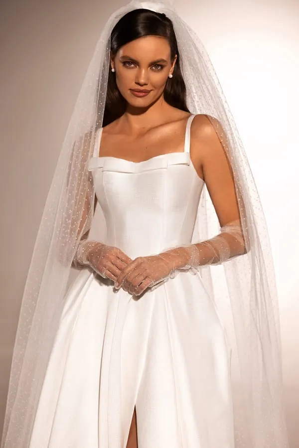 Simple Sleeveless Square-Neck Satin A-Line Wedding Dress For Women Open Back High Side Court Train Bridal Gown - Image 3