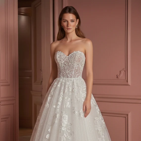 Classic Ball Gown Wedding Dress Strapless Tulle Princess - Image 4