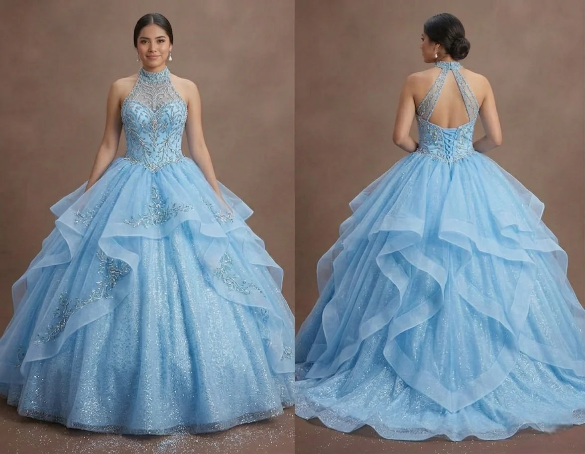 Sky Blue Quinceañera Gown with Sparkling Tulle Skirt