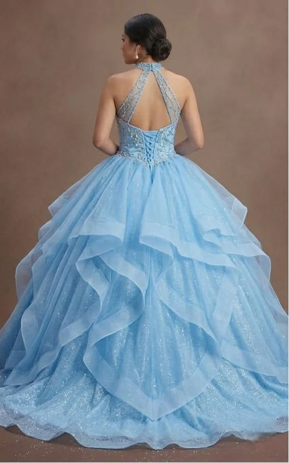 Sky Blue Quinceañera Gown with Sparkling Tulle Skirt - Image 3