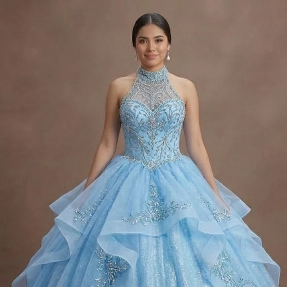 Sky Blue Quinceañera Gown with Sparkling Tulle Skirt - Image 4
