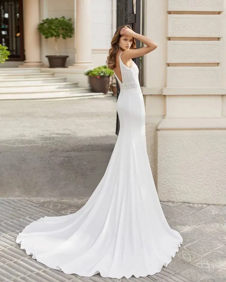 Sleek Sheath Wedding Gown with Spaghetti Straps, Elegant V-Neckline, and Intricate Lace Detailing for a Romantic and Timeless Bridal Look - Image 2