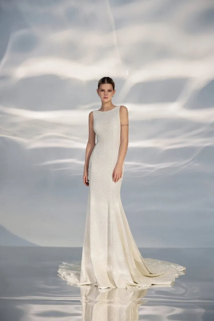 Sleek Strapless A-Line Wedding Gown with Boat Neckline and a Natural Waistline for a Chic Minimalist Bridal Look - Image 2
