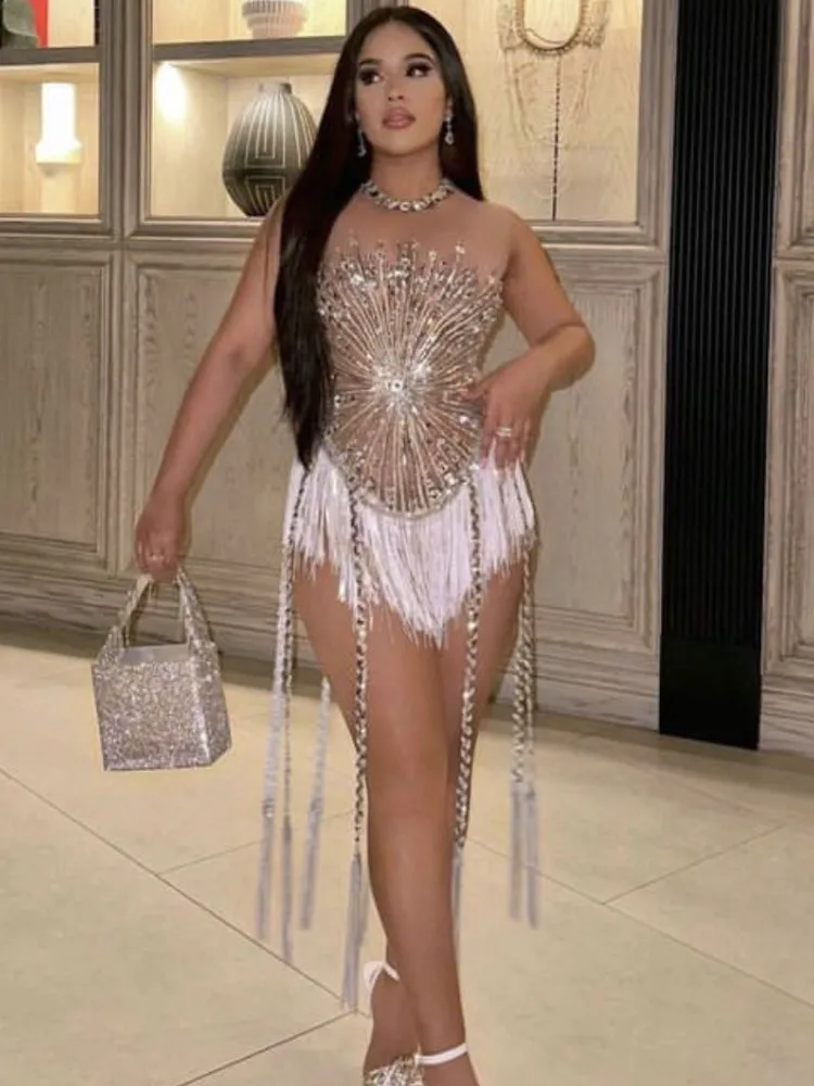 Sliver Sequins Shining Diamonds Long Tassel Sleeveless Mini Dress Evening Dress Woman Birthday Party Outfit - Image 4