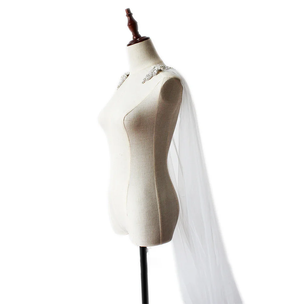 Soft Bridal Cape Veil with Diamond Appliques on Shoulder Wedding Cloak Elegant Bridal Accessory