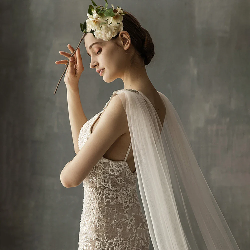 Soft Bridal Cape Veil with Diamond Appliques on Shoulder Wedding Cloak Elegant Bridal Accessory - Image 4