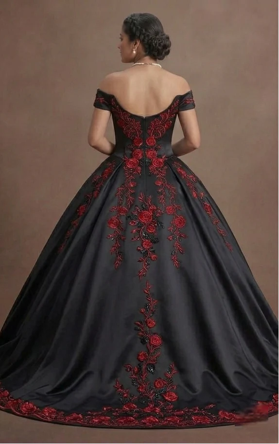 Sophisticated Black Quinceañera Dress Beaded Satin Gown - Image 3