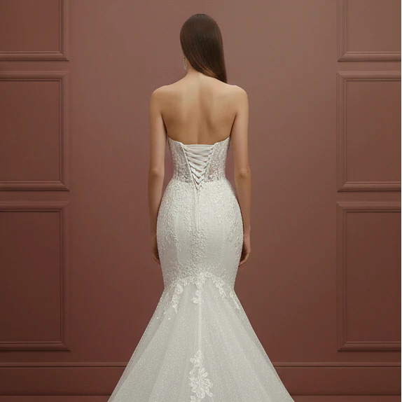 Traditional Mermaid Wedding Dress Buttons Back Long Corset Gown - Image 5