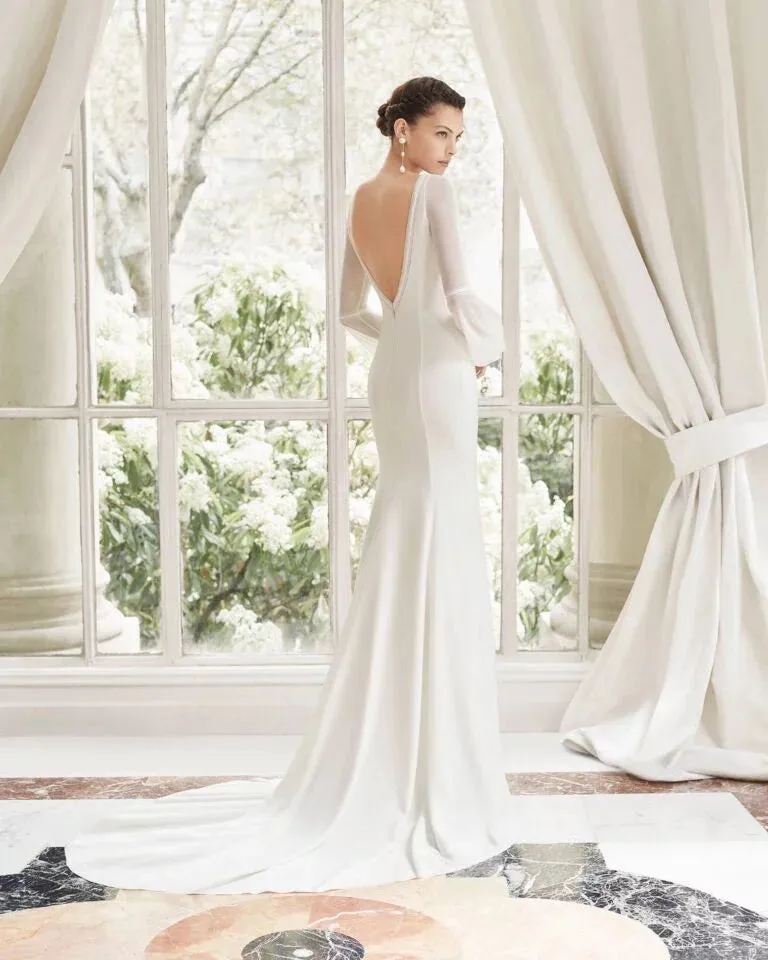 Sophisticated Long-Sleeve Sheath Wedding Gown with Elegant Lace Detailing and a Flattering V-Neckline for a Timeless Bridal Look - Image 2