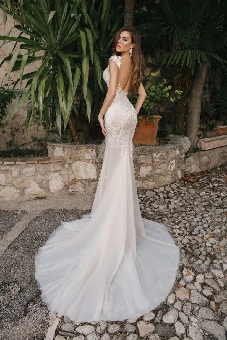Sophisticated Mermaid Wedding Dress with Cap Sleeves, Queen Anne Neckline, and a Flattering Natural Waistline for an Elegant Bridal Look - Image 2