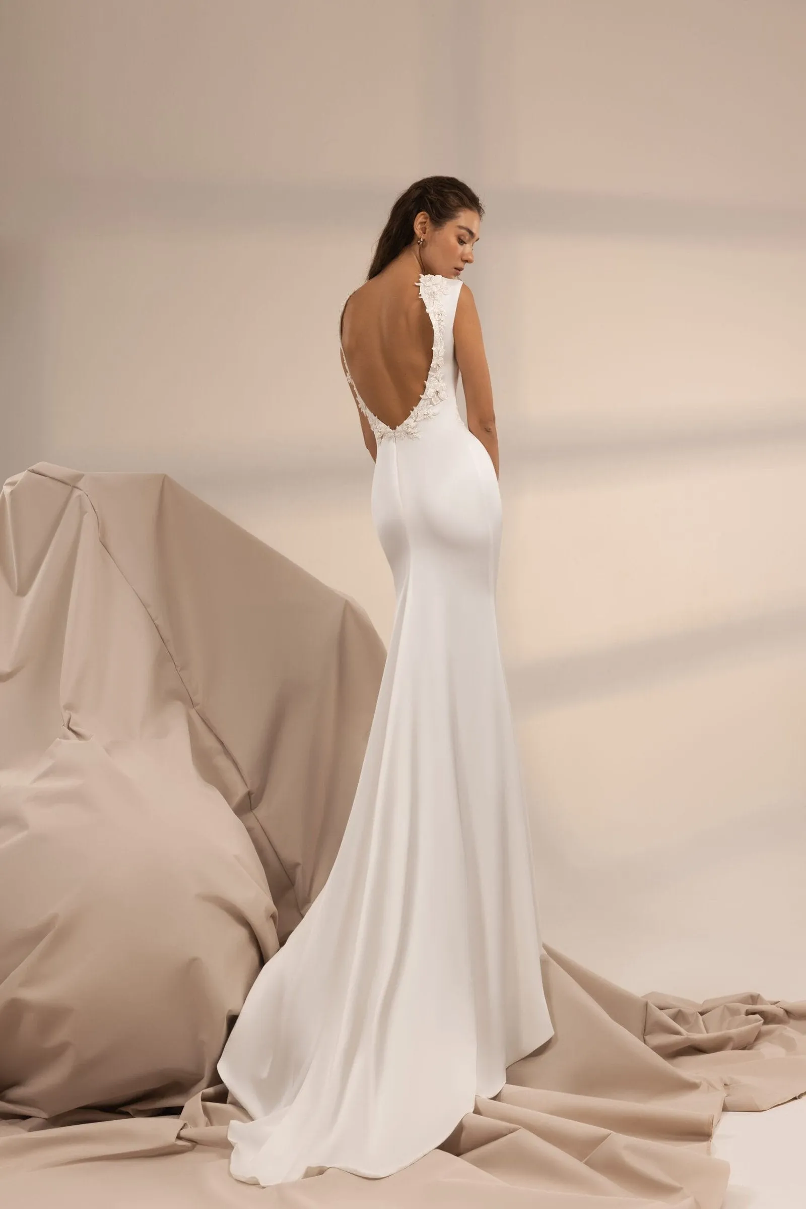 Sophisticated Minimalist Mermaid Wedding Dress with Sleek Satin, Alluring Open Back & Romantic 3D Floral Embellishments for a Timeless Bridal Look - Image 2