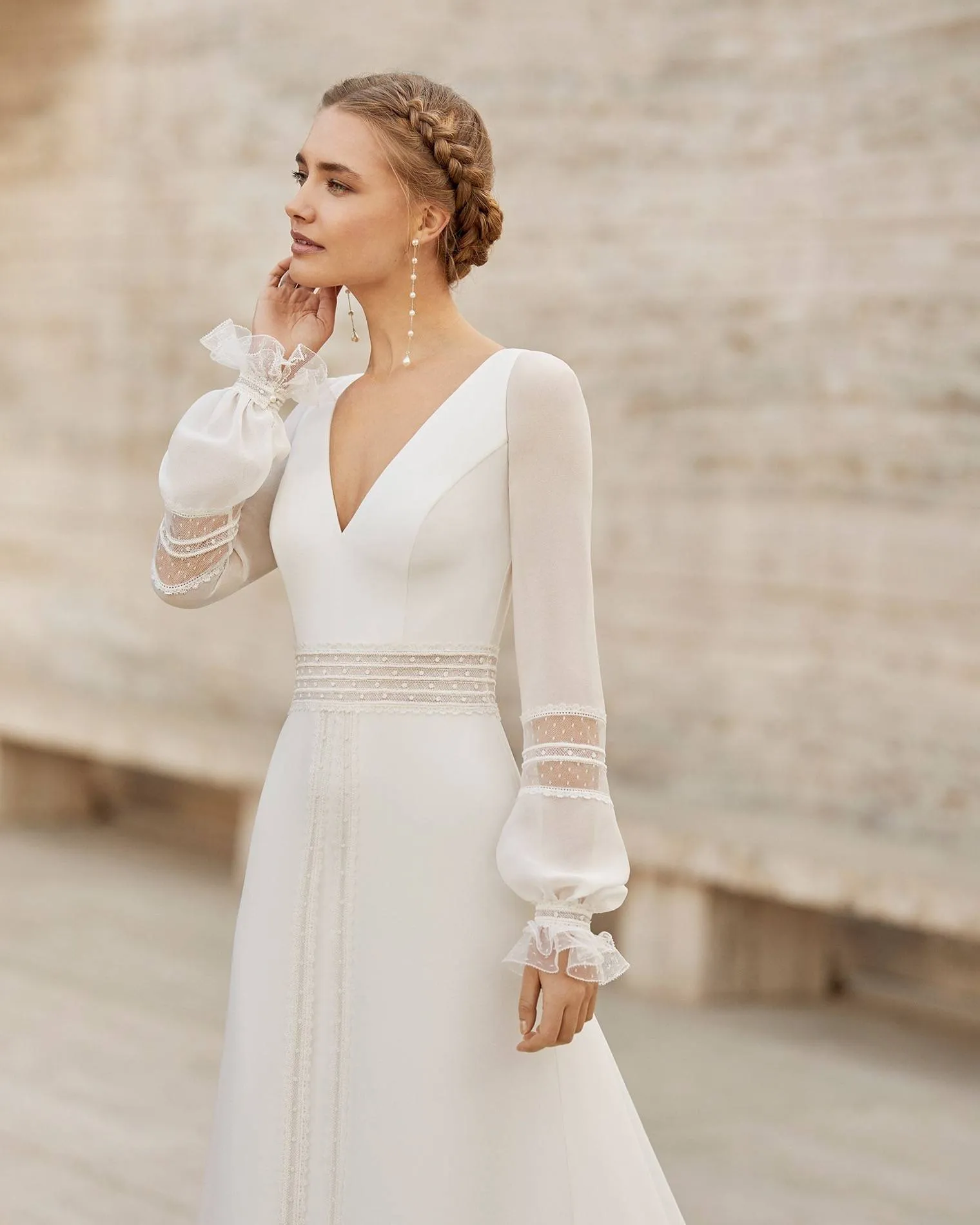 Sophisticated Sheath Wedding Gown with Elegant Long Sleeves, V-Neckline, and a Flattering Natural Waistline for a Timeless Bridal Look - Image 3