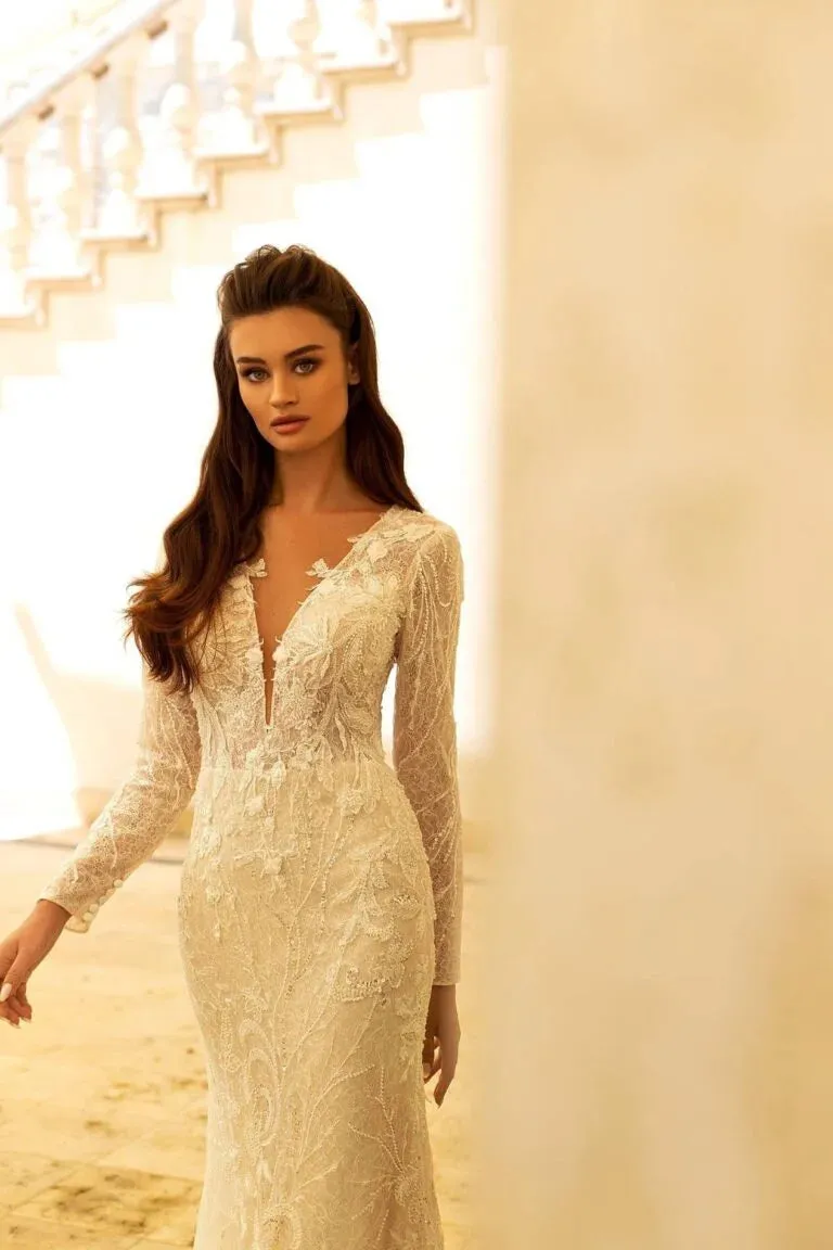 Sophisticated Sheath Wedding Gown with Long Sleeves, V-Neckline, and a Flattering Natural Waist for a Chic Bridal Look - Image 3