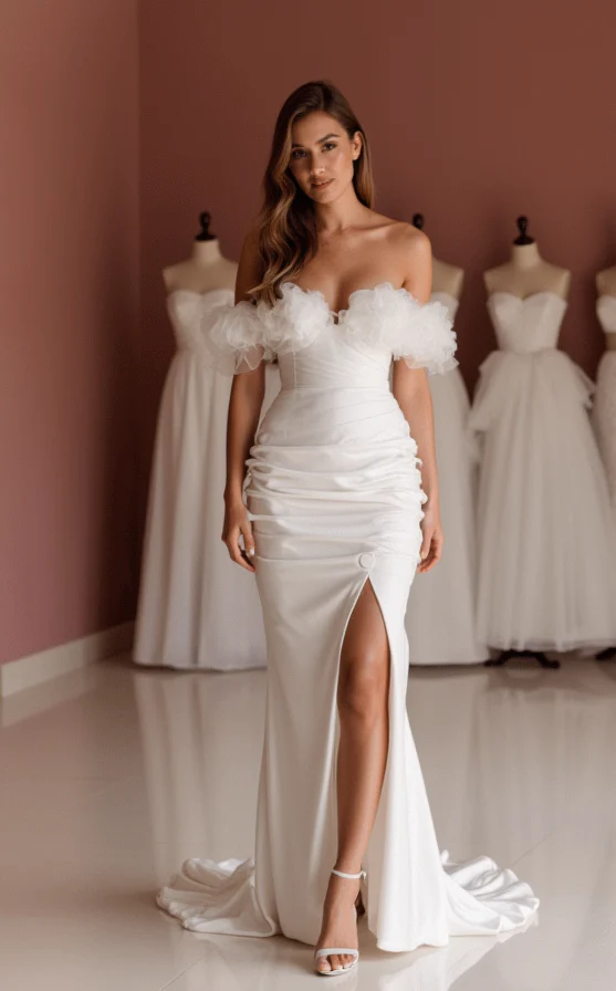 Sophisticated White A-Line Wedding Dress with Sheer Sleeves and a Flowing Train - Image 2