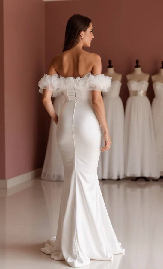 Sophisticated White A-Line Wedding Dress with Sheer Sleeves and a Flowing Train - Image 3