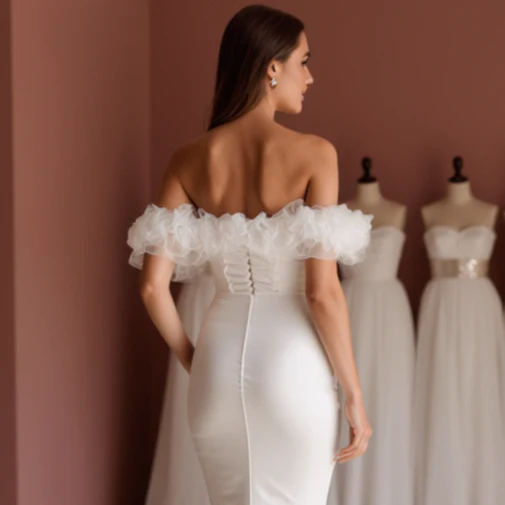 Sophisticated White A-Line Wedding Dress with Sheer Sleeves and a Flowing Train - Image 5