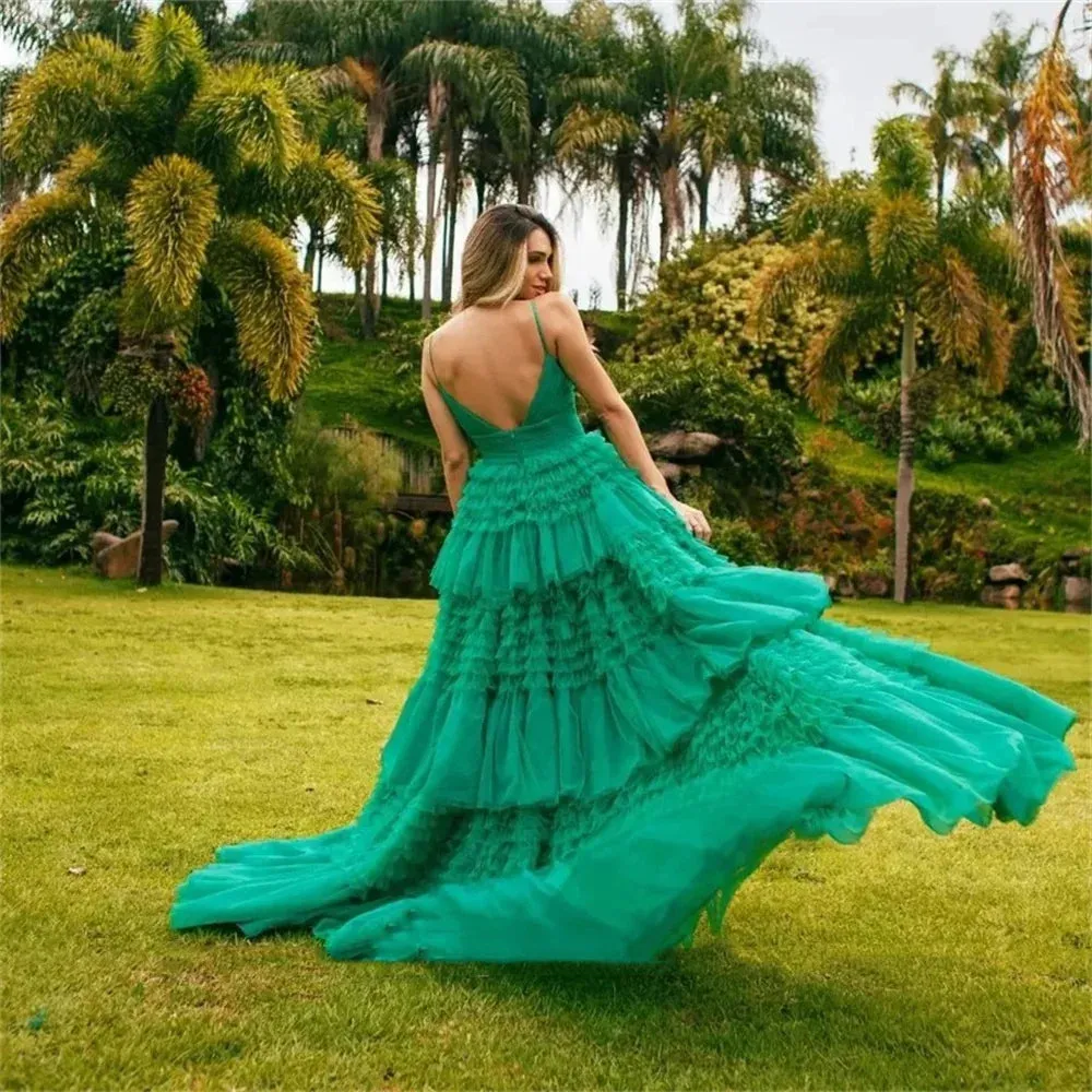 Spaghetti Strap A-line Multilayer Tulle Vestidos De Noche Floor-Length Elegant Sleeveless Prom Dresses - Image 2