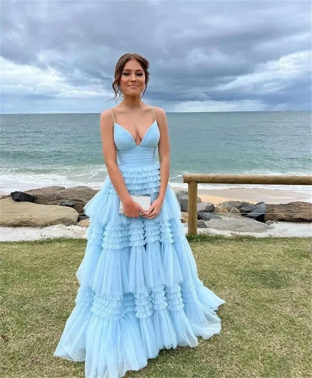 Spaghetti Strap A-line Multilayer Tulle Vestidos De Noche Floor-Length Elegant Sleeveless Prom Dresses - Image 4