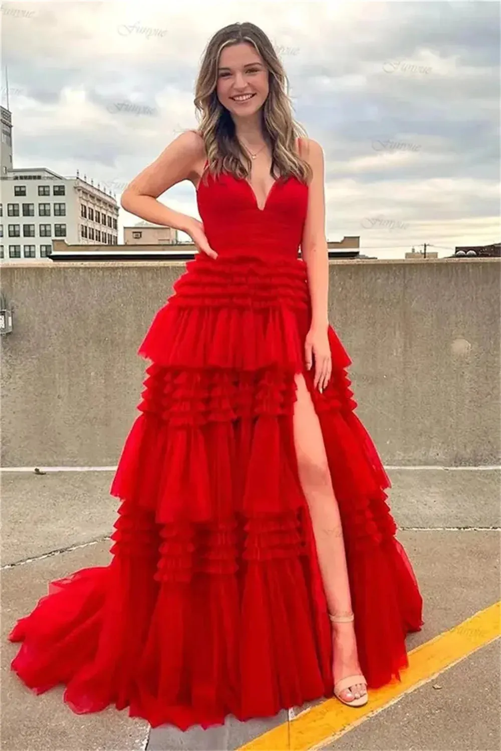 Spaghetti Strap A-line Multilayer Tulle Vestidos De Noche Floor-Length Elegant Sleeveless Prom Dresses - Image 5