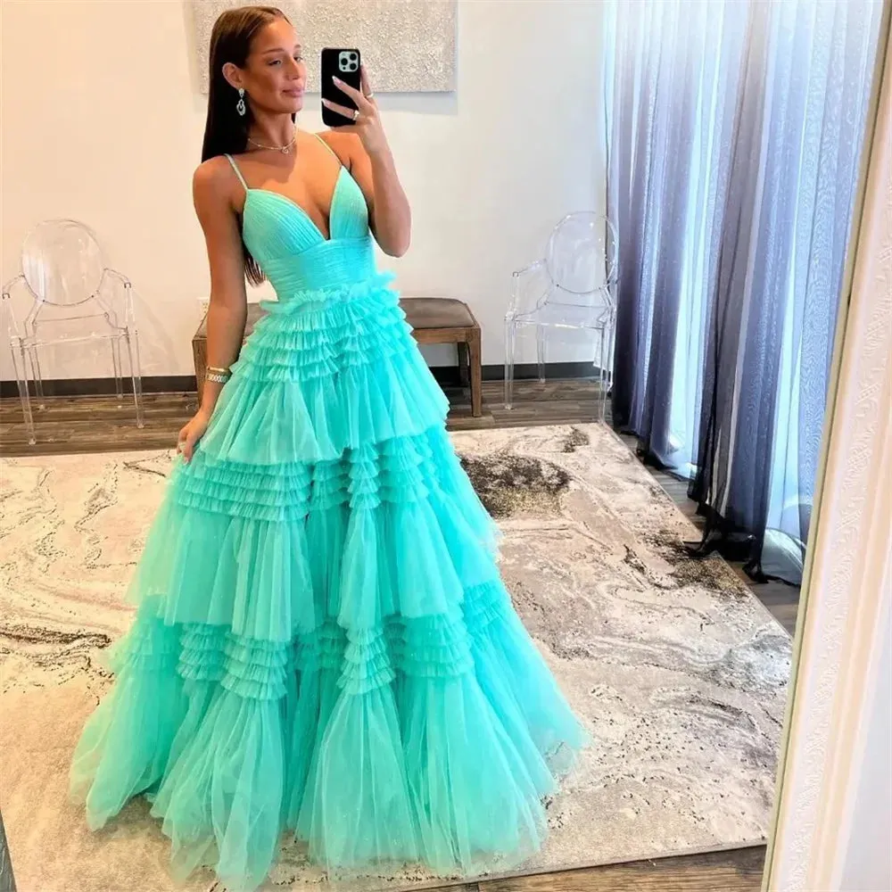 Spaghetti Strap A-line Multilayer Tulle Vestidos De Noche Floor-Length Elegant Sleeveless Prom Dresses - Image 6