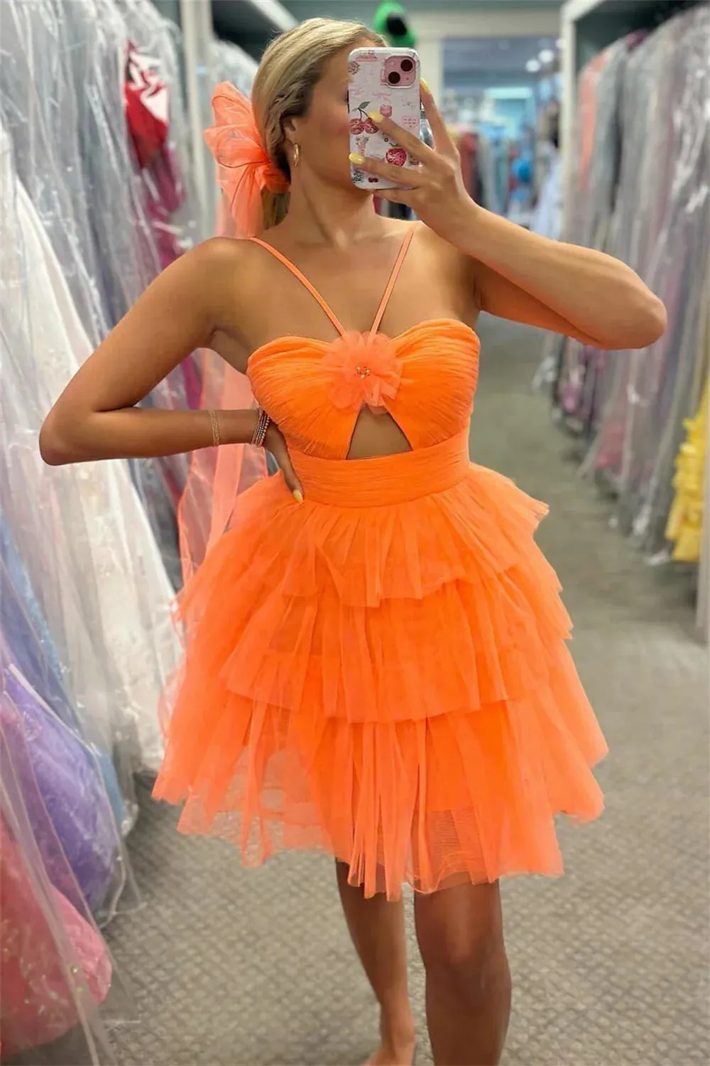 Spaghetti Strap Halter Neck Prom Dresses Orange Tulle Evening Dress Tiered Ruffle Mini Knee-Length Formal Evening - Image 3