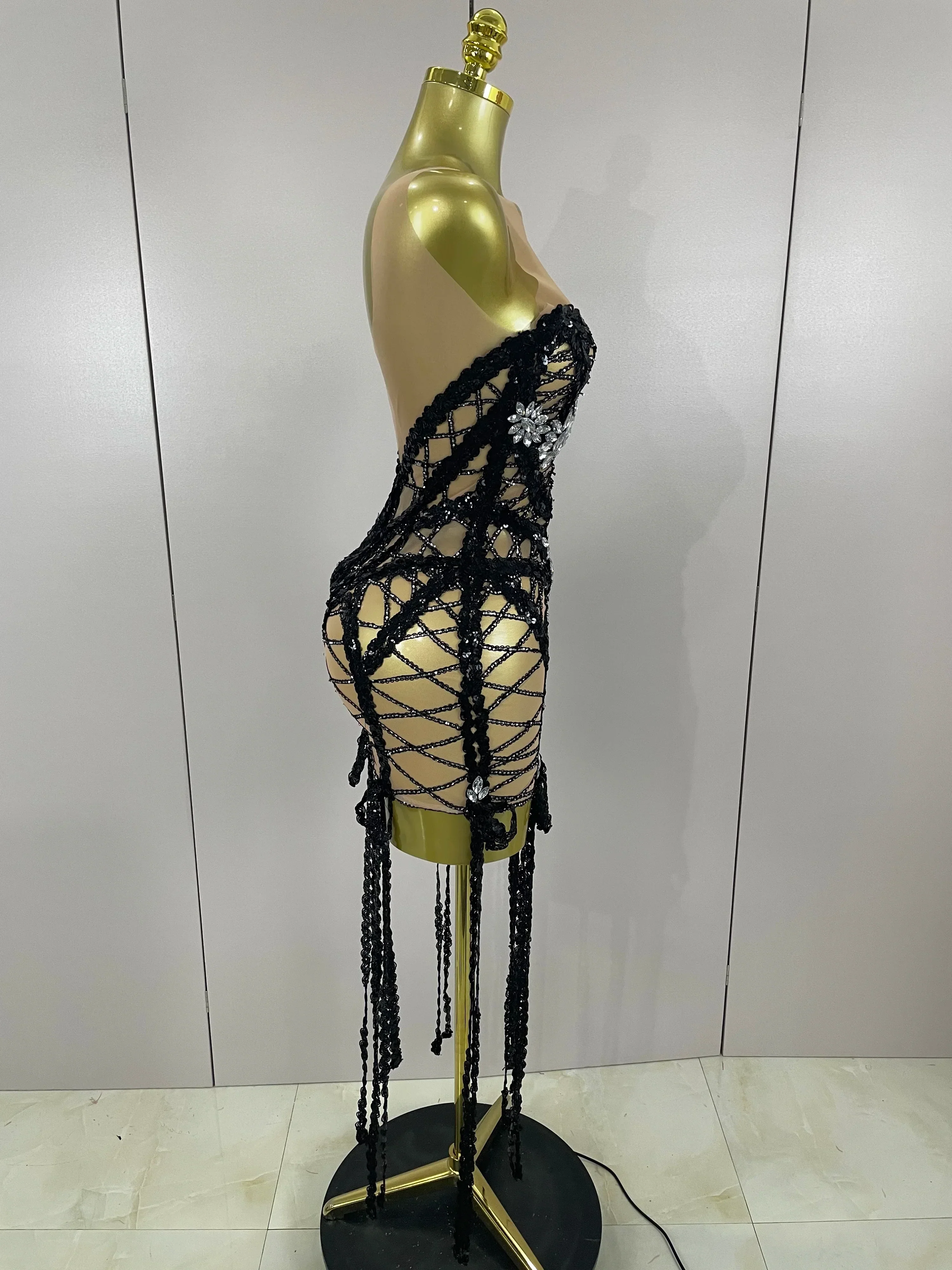 Sparkle Sequins Embroider Diamonds Sleeveless Long Tassel Mini Dress Women Celebrate Evening Birthday Dress Stage Costume - Image 3