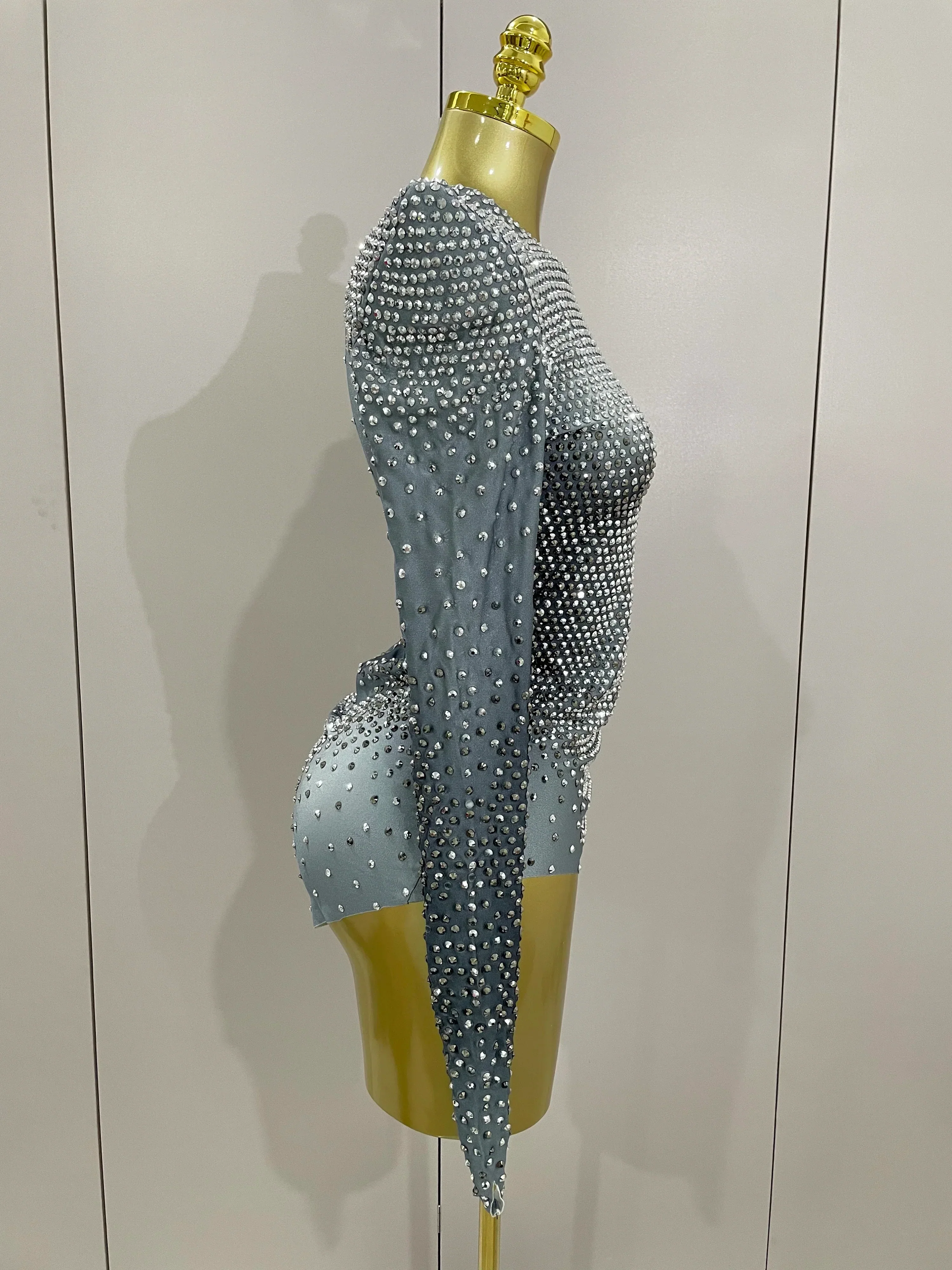 Sparkle Silver Rhinestones Long Sleeve Stretch Bodysuits  Women Evening Luxury Birthday Party Sexy Nightclub Stage Costu - Image 4