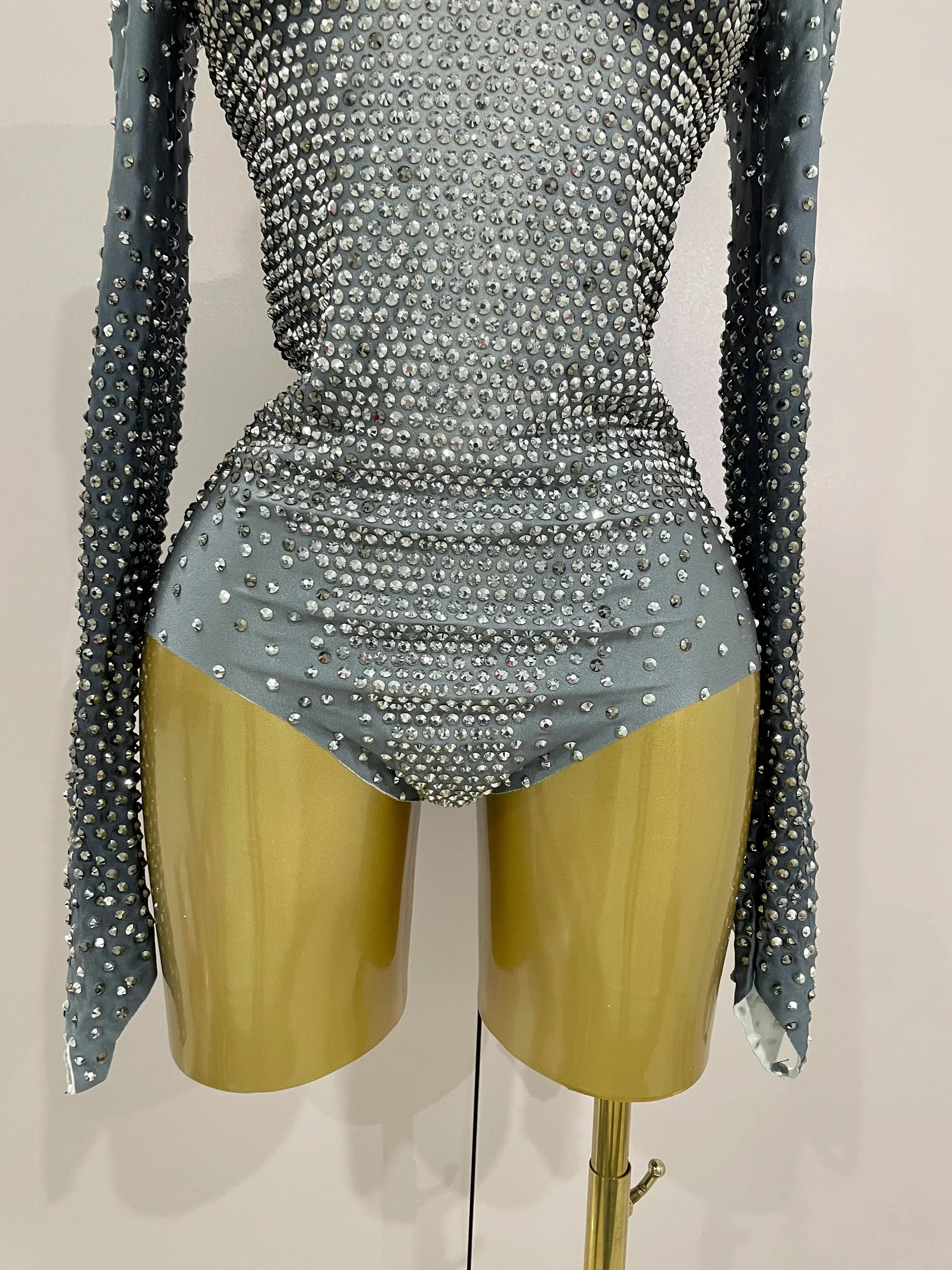 Sparkle Silver Rhinestones Long Sleeve Stretch Bodysuits  Women Evening Luxury Birthday Party Sexy Nightclub Stage Costu - Image 6
