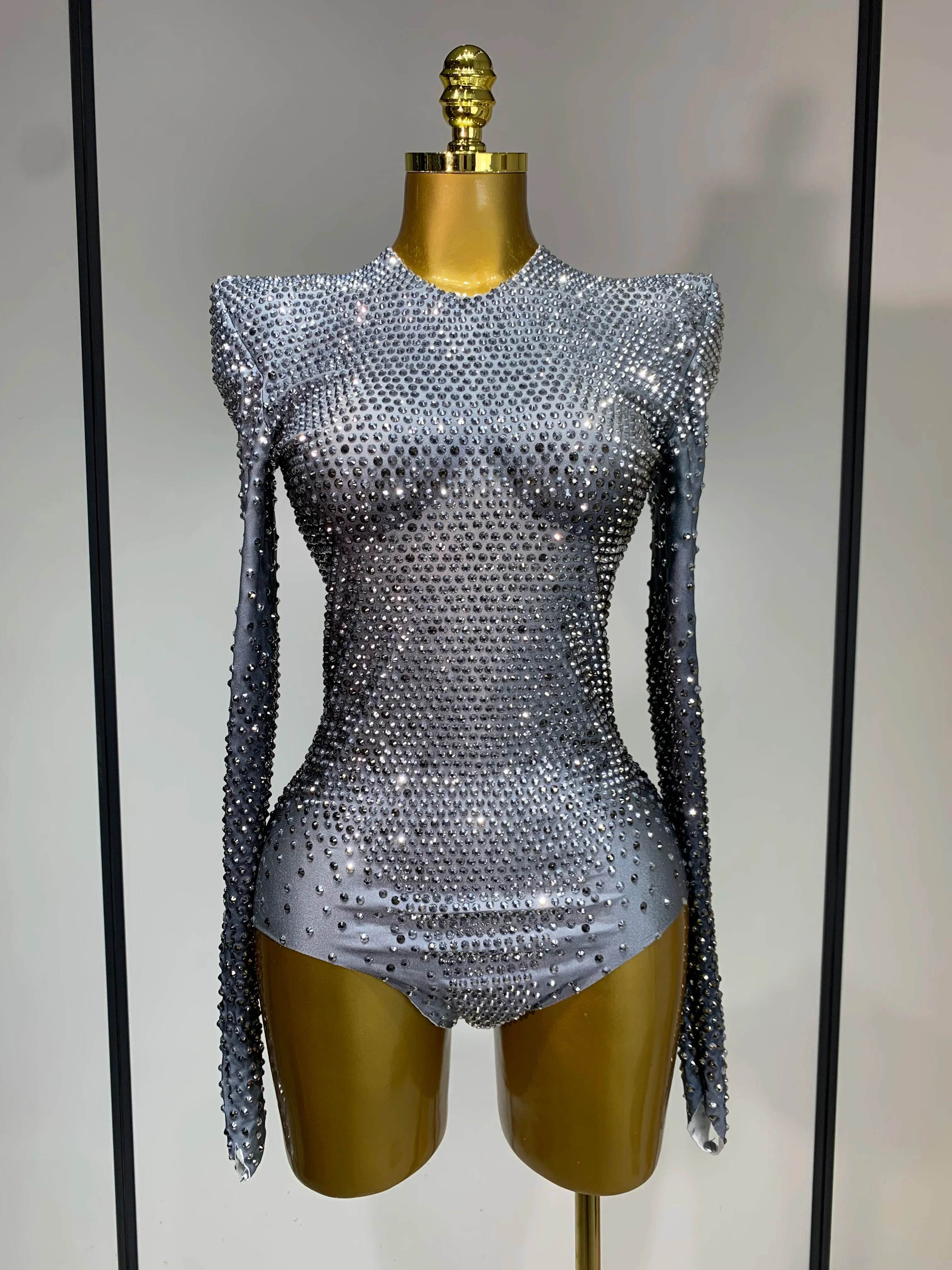 Sparkle Silver Rhinestones Stretch Bodysuits Women Luxury Birthday Evening Party Sexy Nightclub Singer Stage Costume