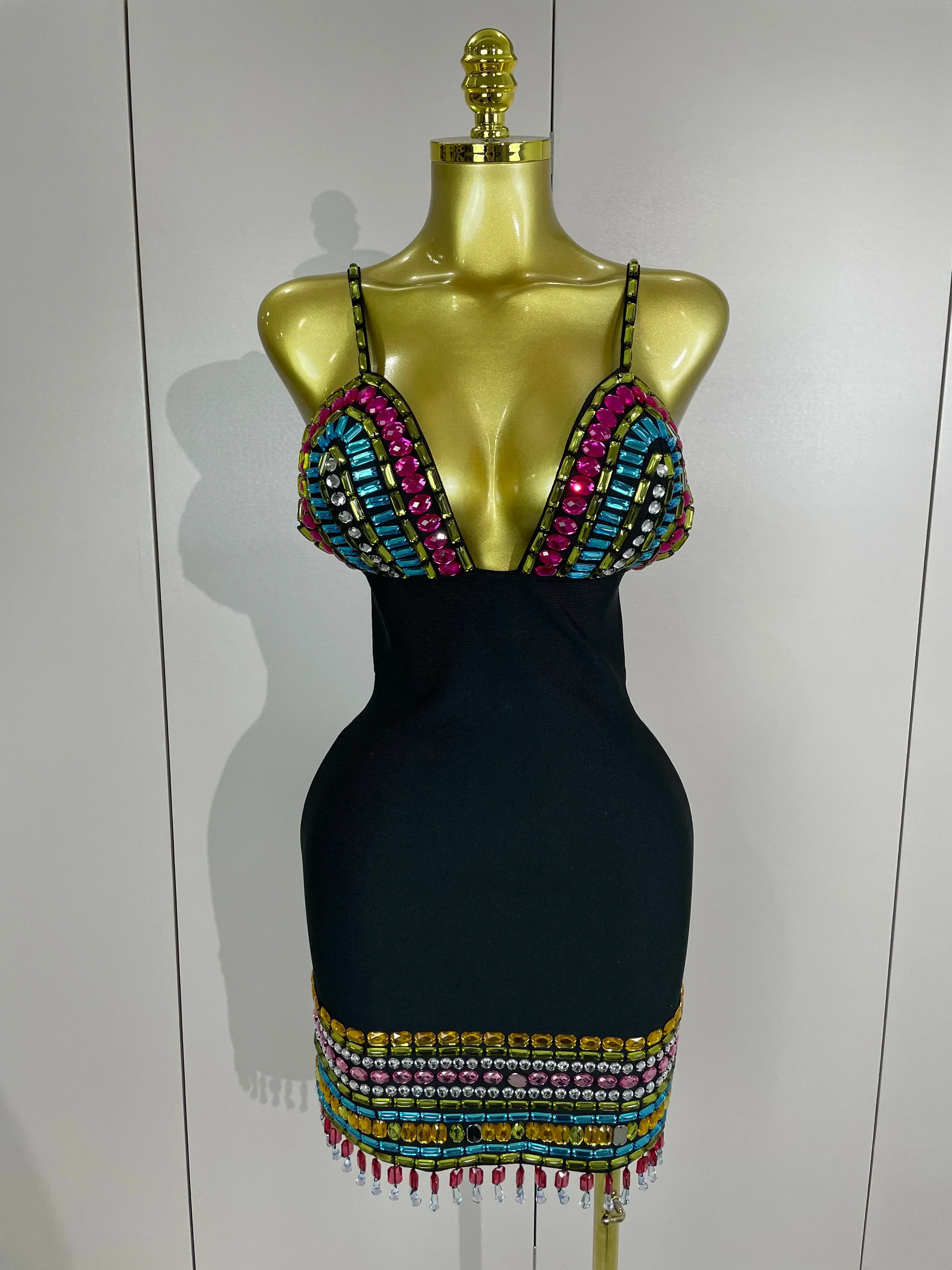 Sparkly Colorful Diamonds V Neck Black Bodycon Bandage Dress Celebrity Elegant Evening Club Party Luxury Birthday Dresses