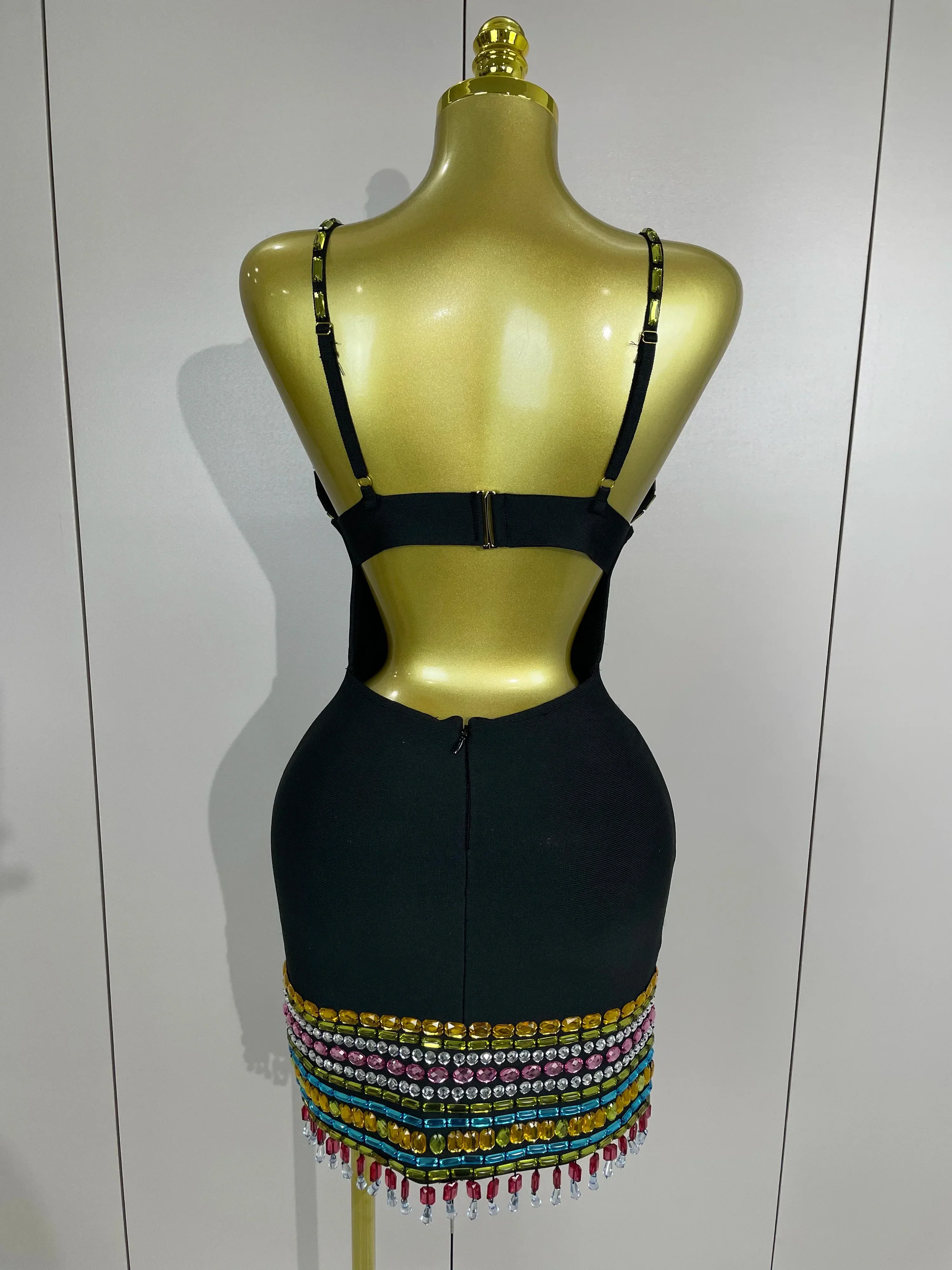 Sparkly Colorful Diamonds V Neck Black Bodycon Bandage Dress Celebrity Elegant Evening Club Party Luxury Birthday Dresses - Image 3