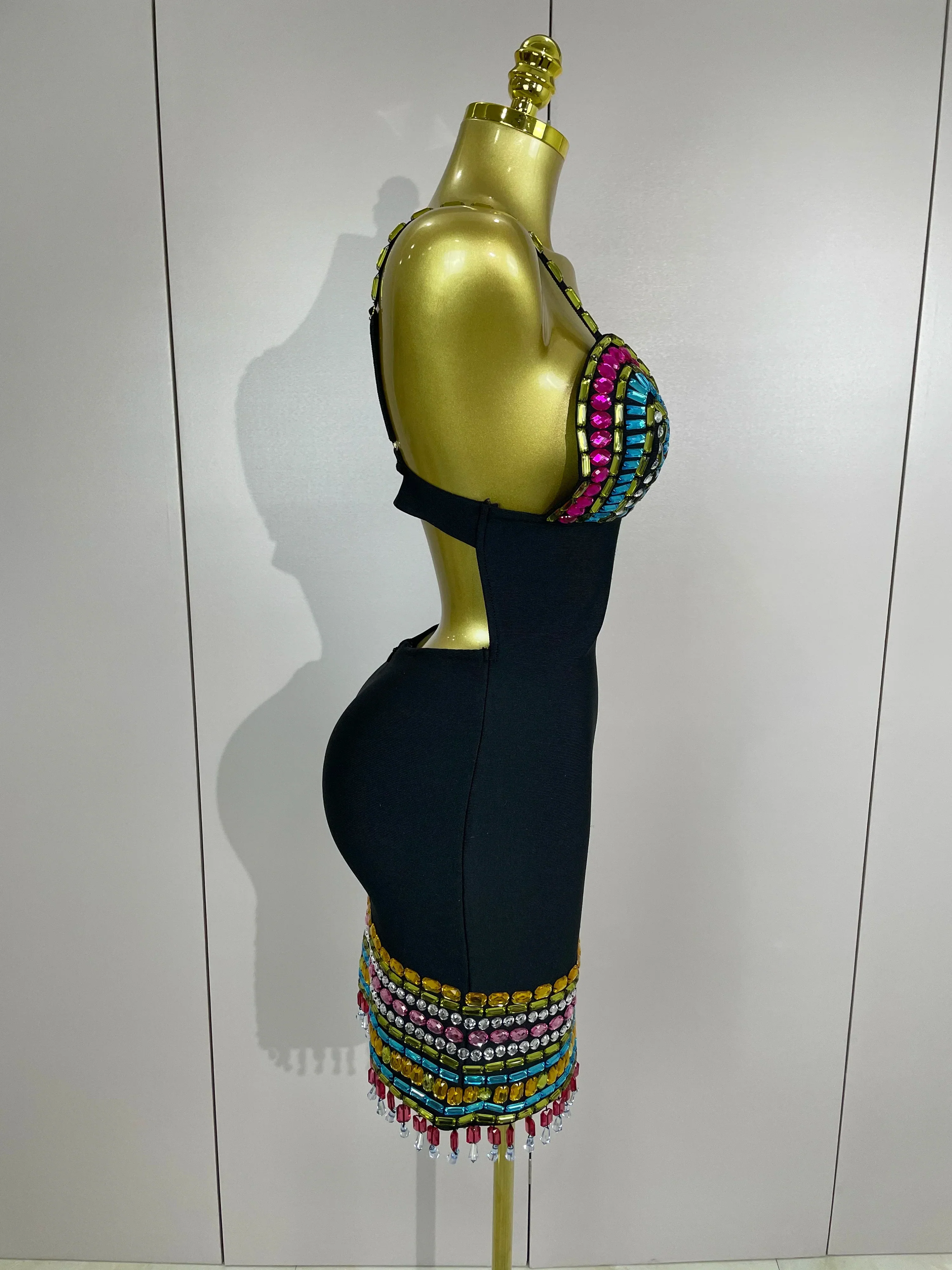 Sparkly Colorful Diamonds V Neck Black Bodycon Bandage Dress Celebrity Elegant Evening Club Party Luxury Birthday Dresses - Image 4