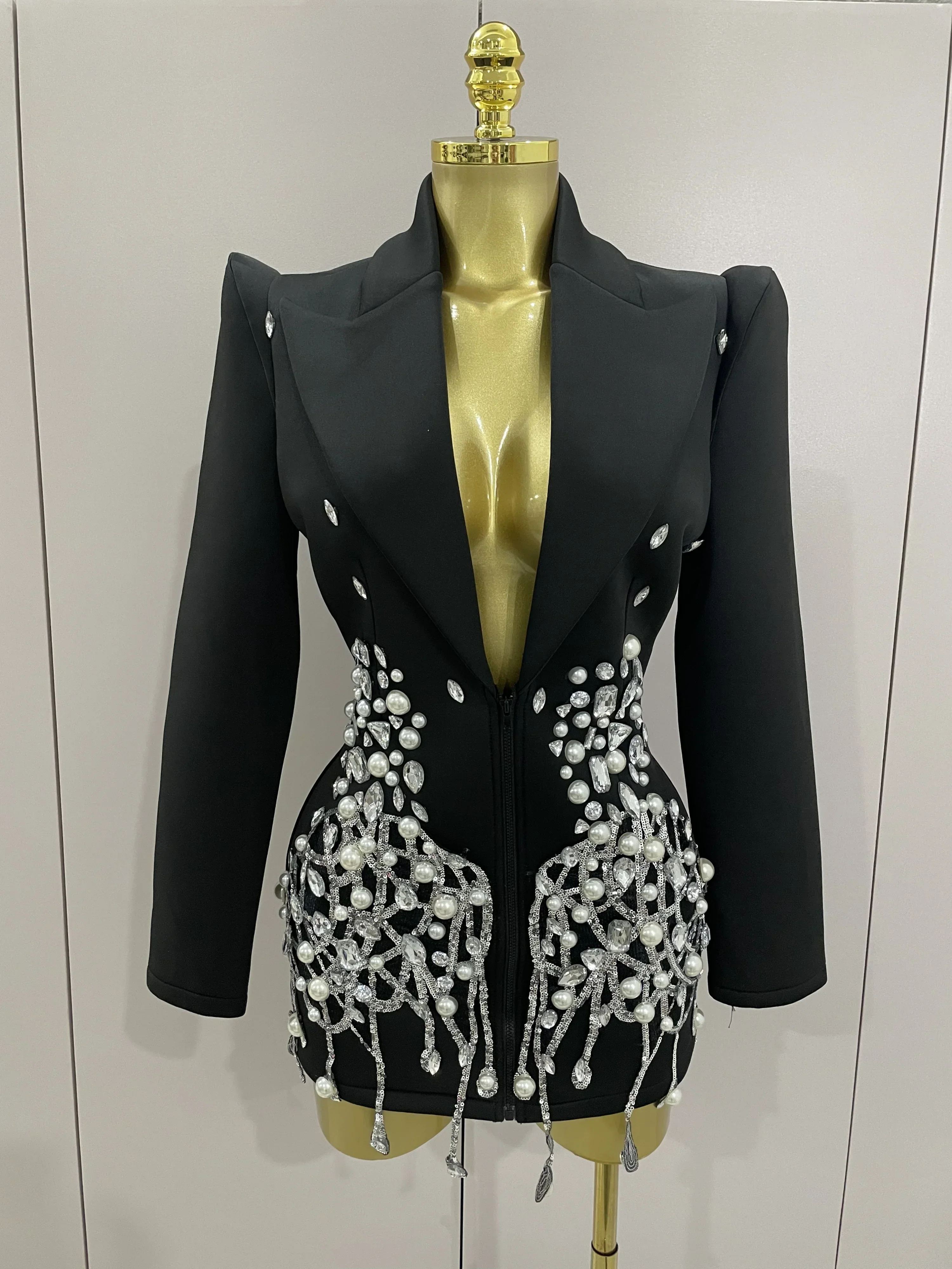 Sparkly Crystal Chains Pearls Long Sleeve Mini Dress Women Birthday Evening Party Nightclub Outfit Singer Wedding Costume