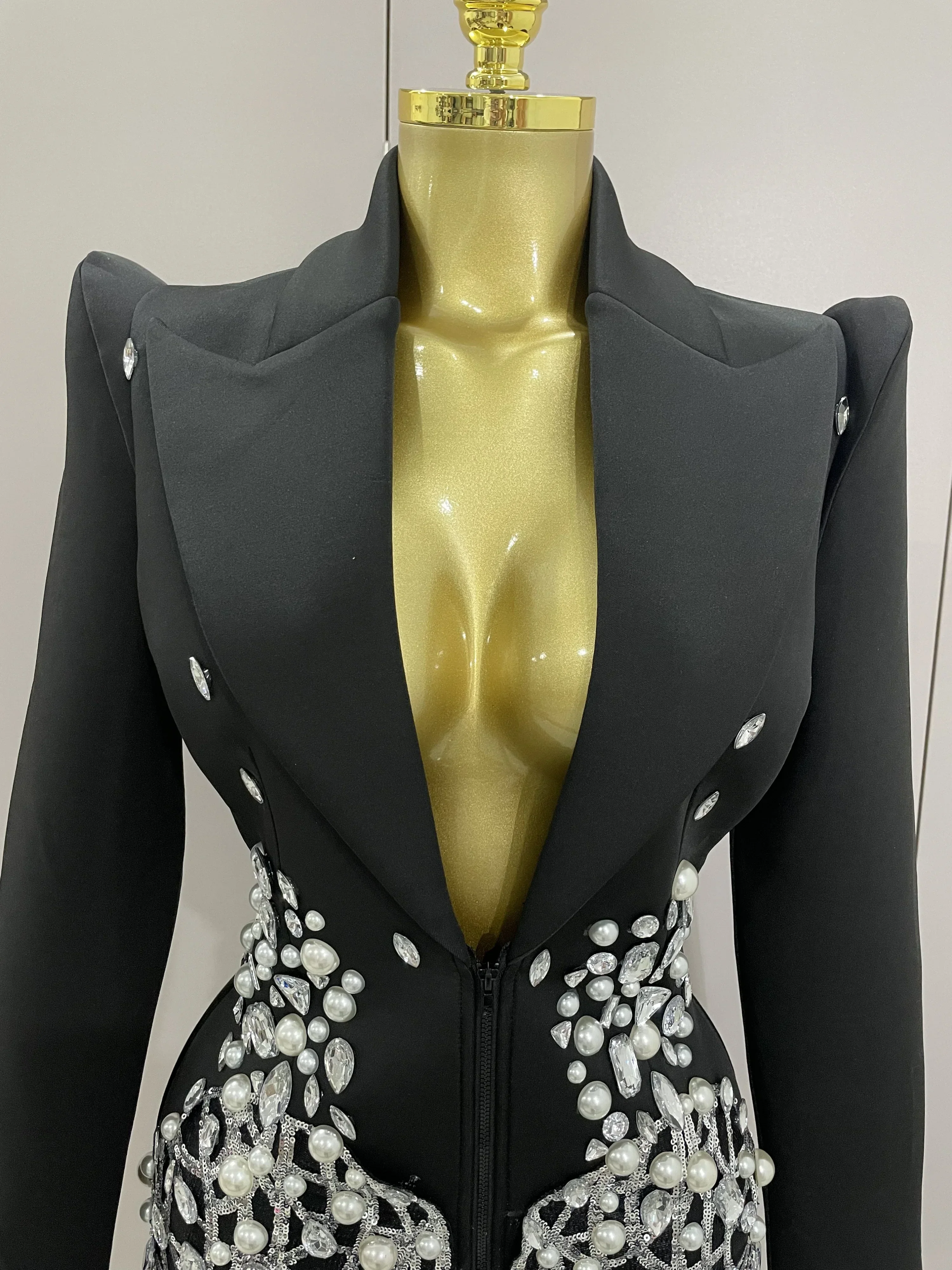 Sparkly Crystal Chains Pearls Long Sleeve Mini Dress Women Birthday Evening Party Nightclub Outfit Singer Wedding Costume - Image 5