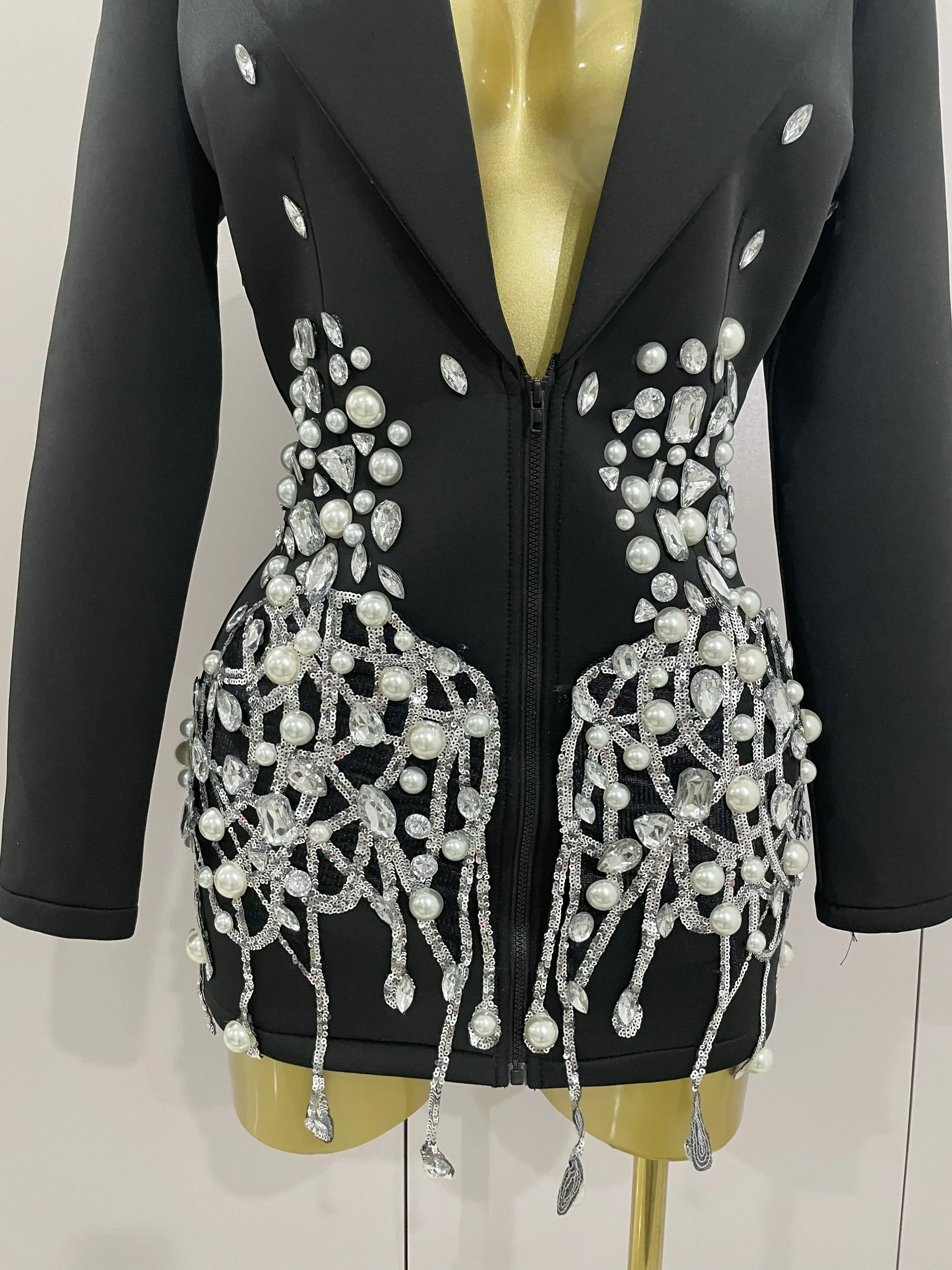 Sparkly Crystal Chains Pearls Long Sleeve Mini Dress Women Birthday Evening Party Nightclub Outfit Singer Wedding Costume - Image 6