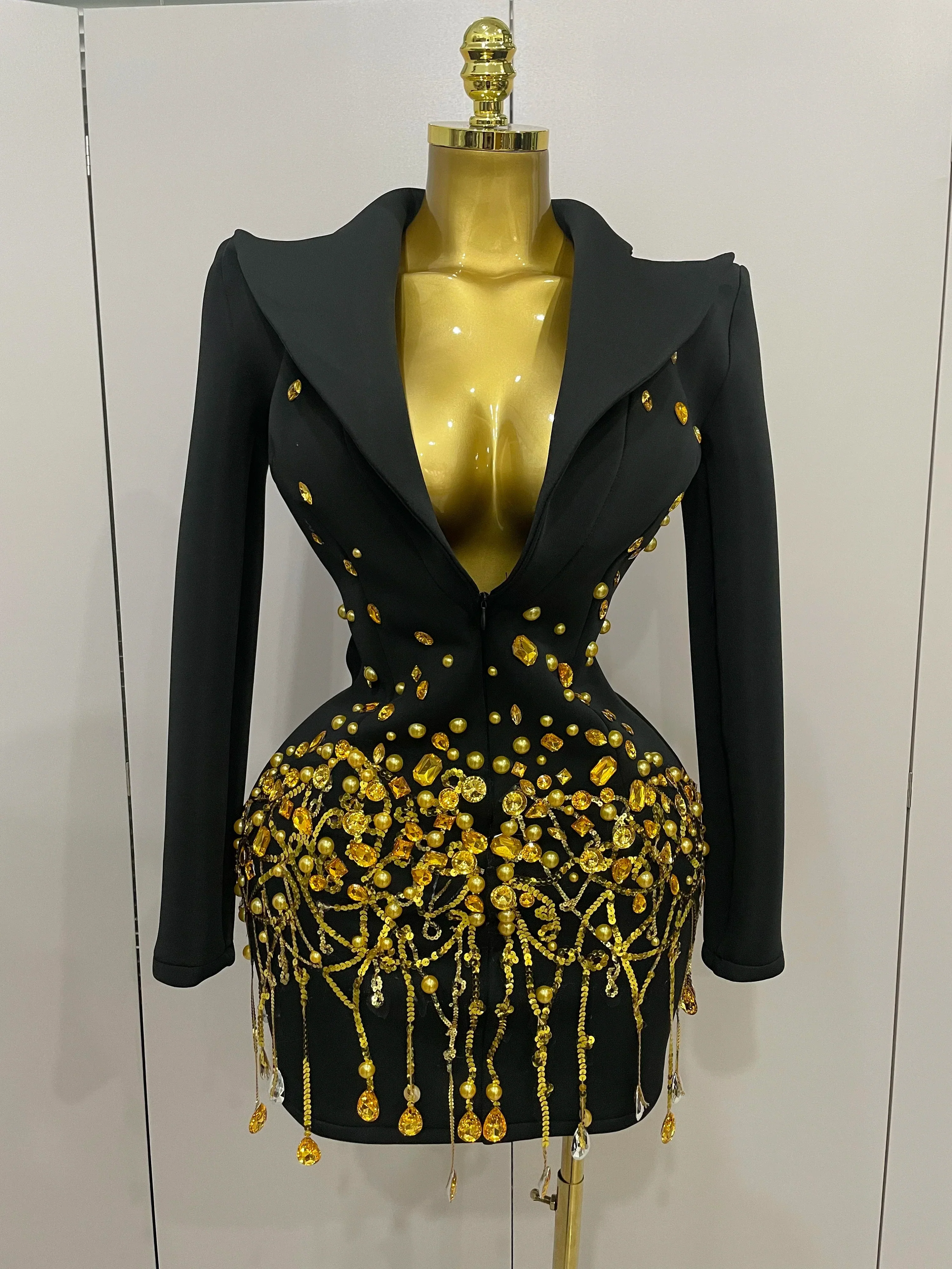 Sparkly Crystal Chains Pearls Long Sleeve Mini Dress Women Birthday Evening Party Nightclub Outfit Singer Wedding Costume - Image 7