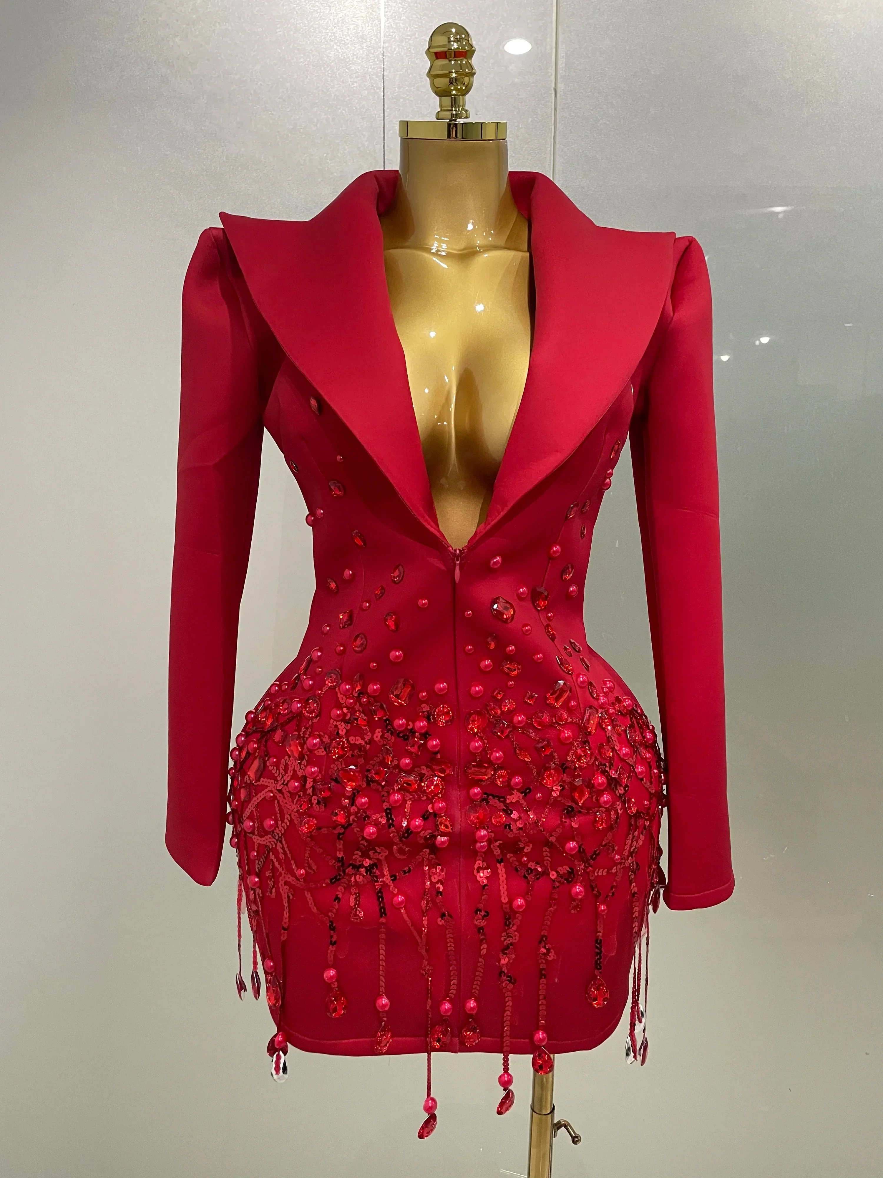 Sparkly Crystal Chains Pearls Long Sleeve Mini Dress Women Birthday Evening Party Nightclub Outfit Singer Wedding Costume - Image 8