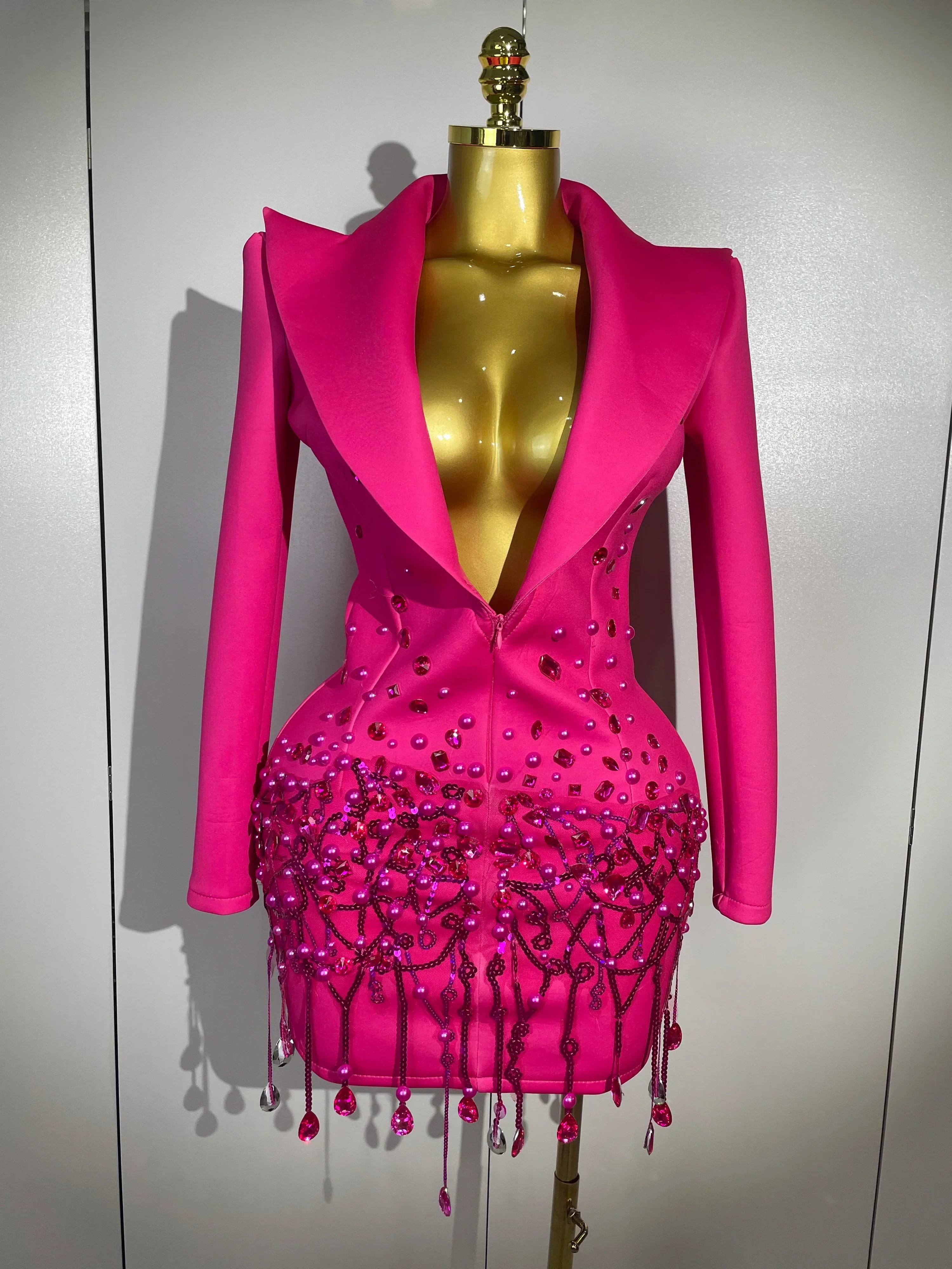 Sparkly Crystal Chains Pearls Long Sleeve Mini Dress Women Birthday Evening Party Nightclub Outfit Singer Wedding Costume - Image 9