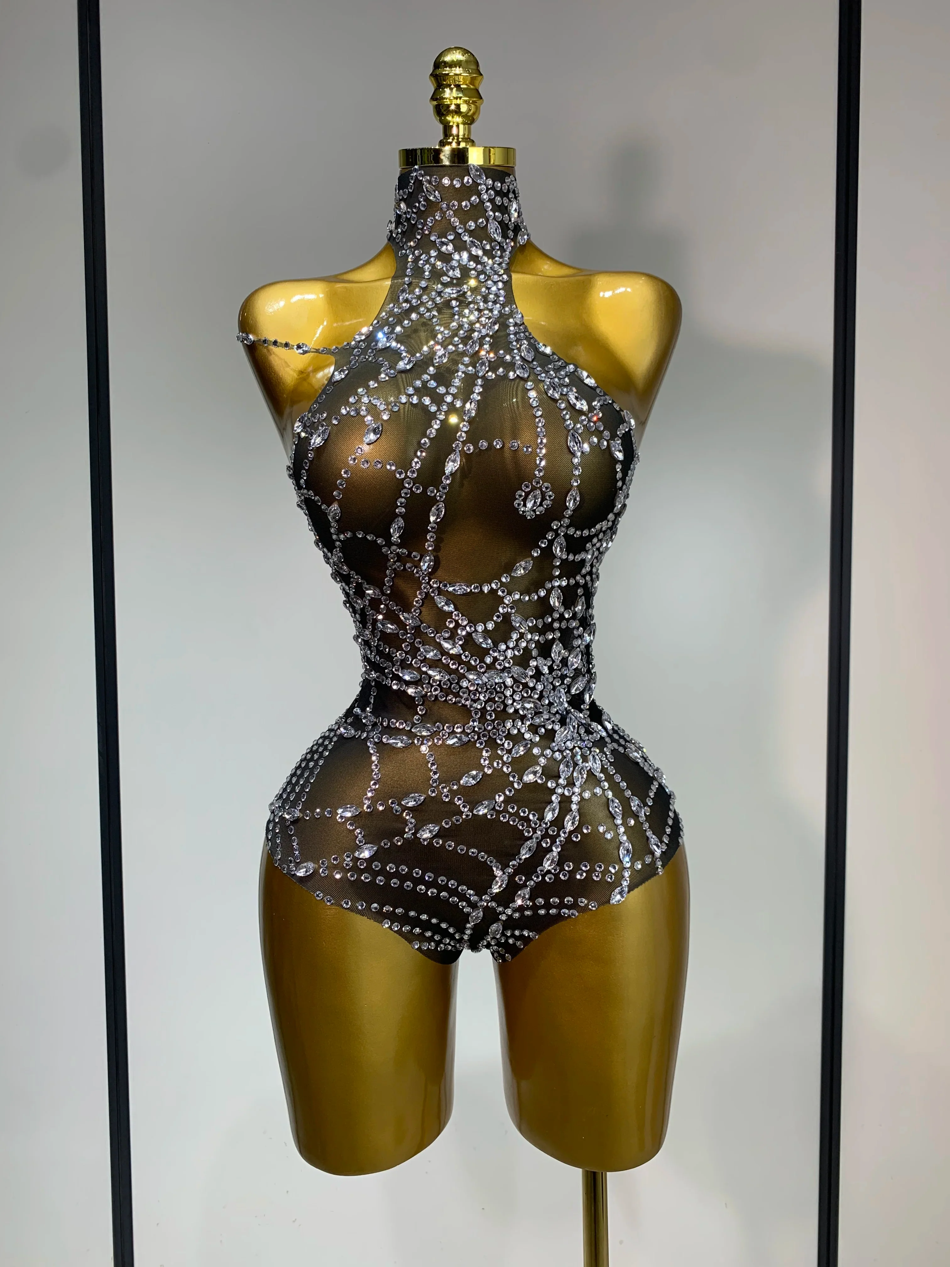 Sparkly Diamond Sexy Mesh See Through Stretch Bodysuits Women Evening Party Birthday Nightclub Bar Gogo Dancer Stage Costume