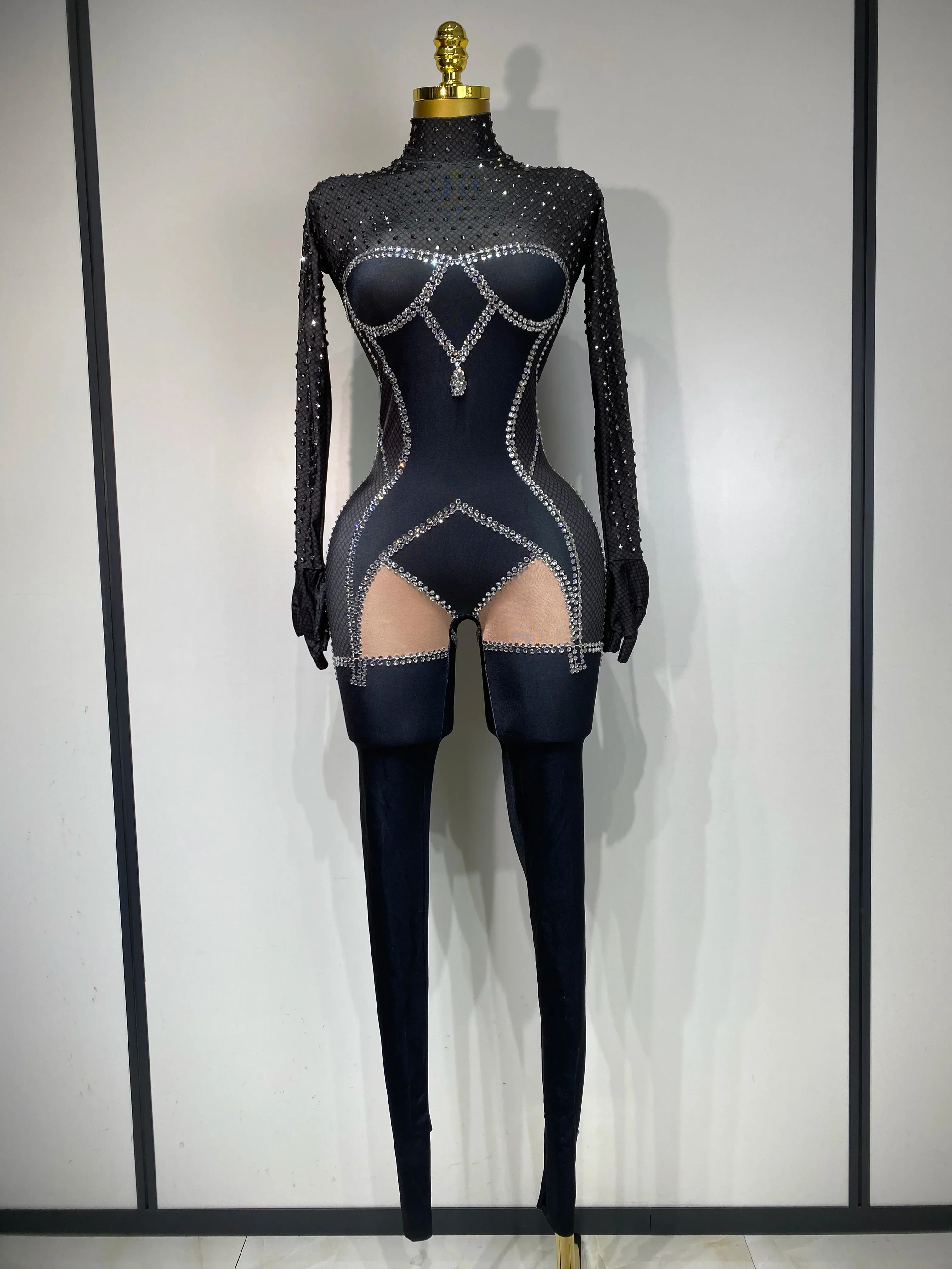 Sparkly Diamond Women Sexy Bodycon Jumpsuit Nightclub Bar Party Show Gogo Dancer Clothing Drag Queen Outfit Stage Costume
