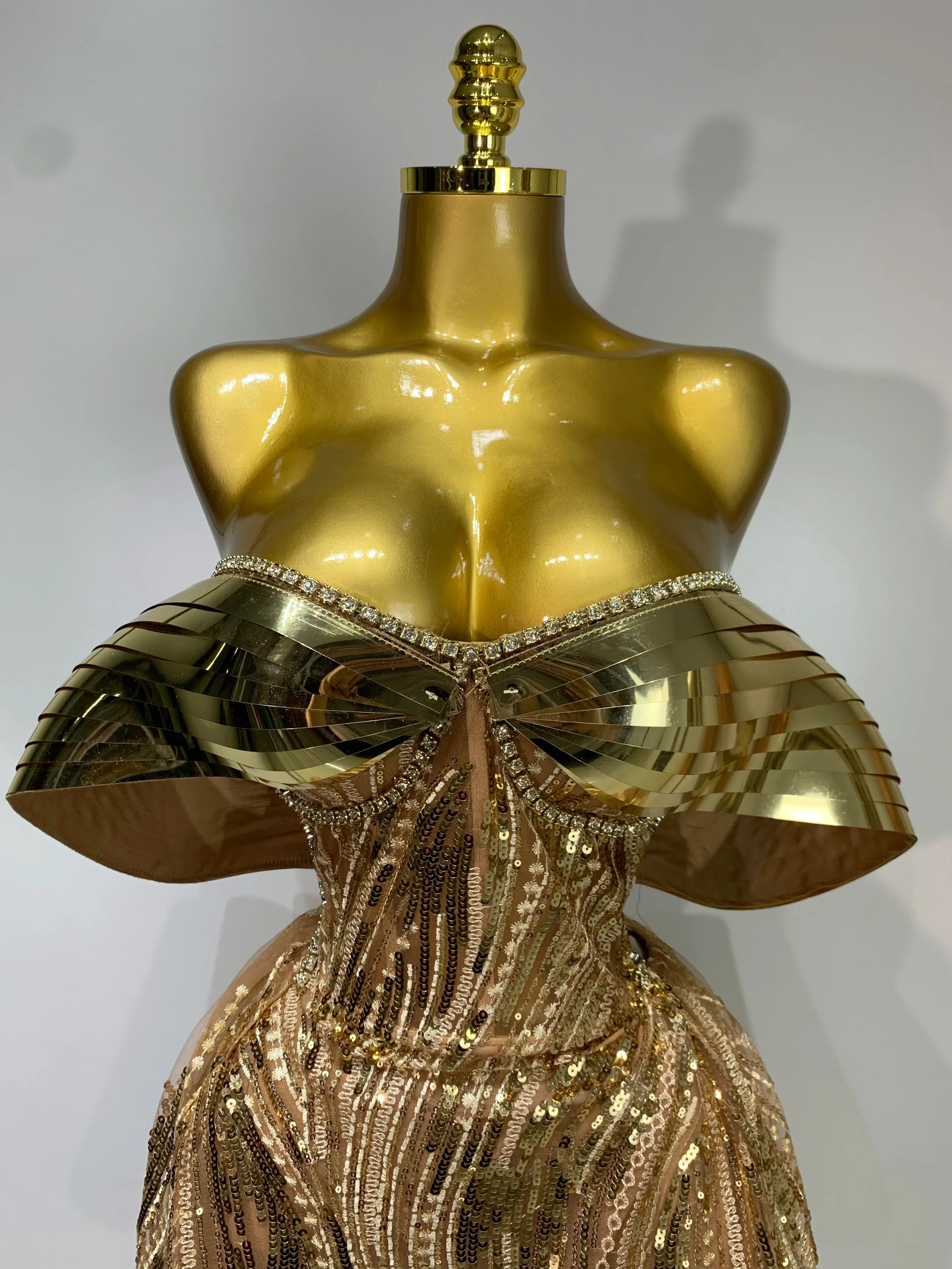 Sparkly Gold Long Dress Luxury Rhinestone Sequins See Thourgh Birthday Gown Sexy Off Shoulder Performance Singer Costume - Image 5